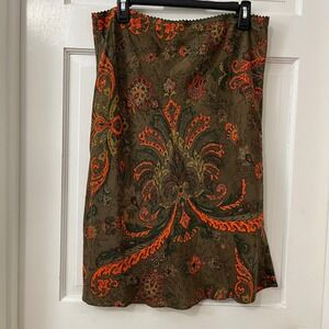 New York & Co. 100% SILK  Olive Green Midi Skirt with Orange Paisley Print